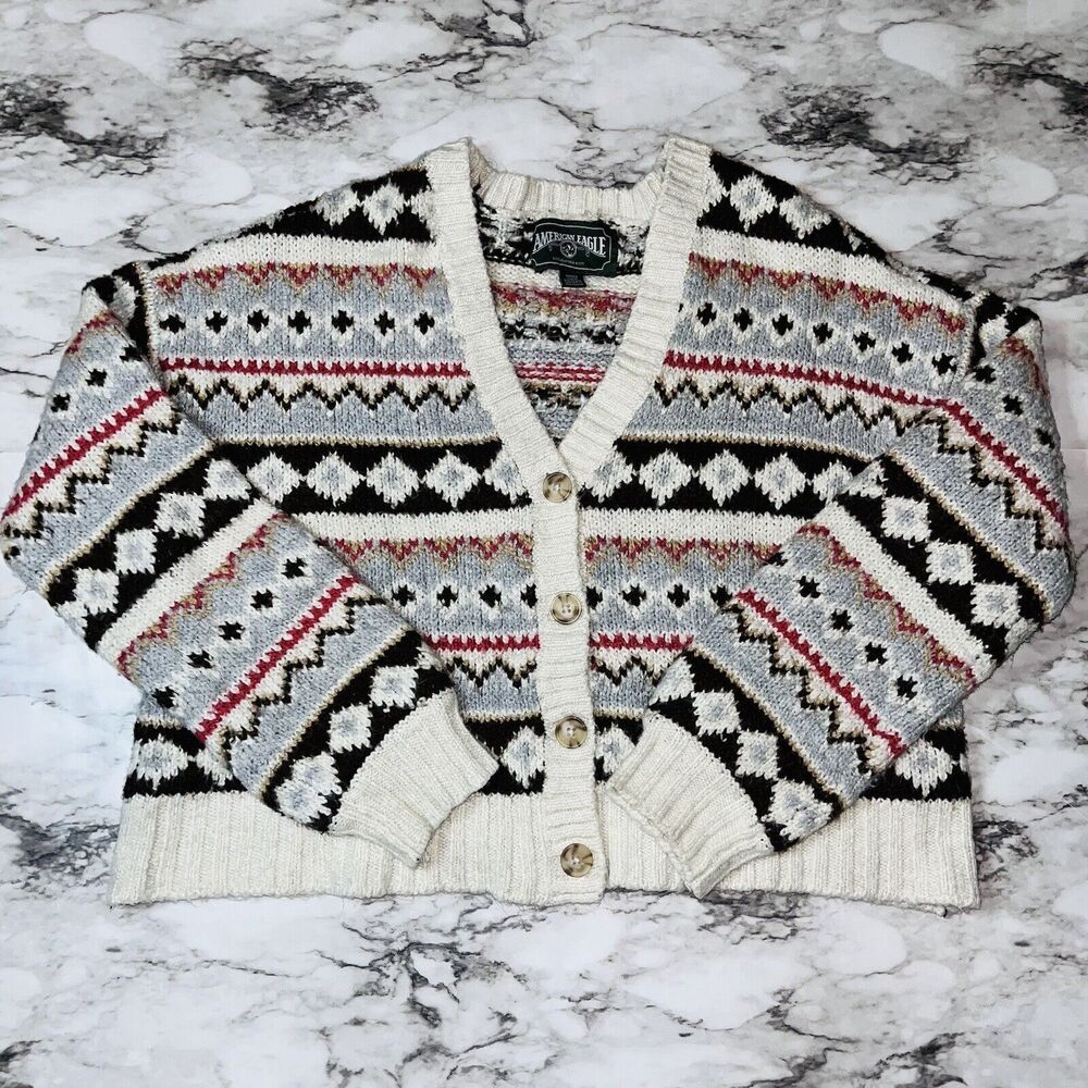 American Eagle Long Sleeve Sweater Cardigan Geometric Stripe White Women S Knit